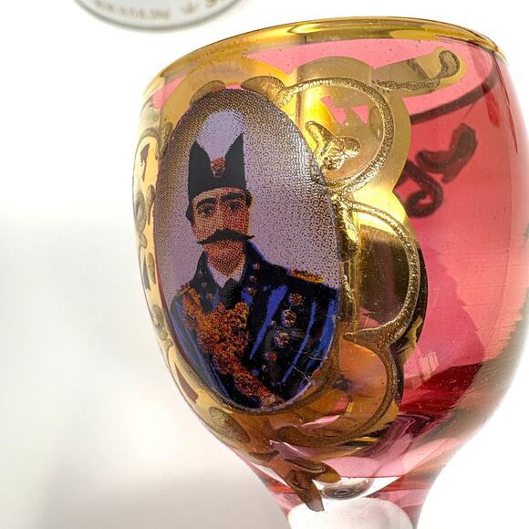 Set 6 Vtg Bohemian Cranberry Shah Qajar Persian King Cordial Glasses Gilt Red - Picture 6 of 9